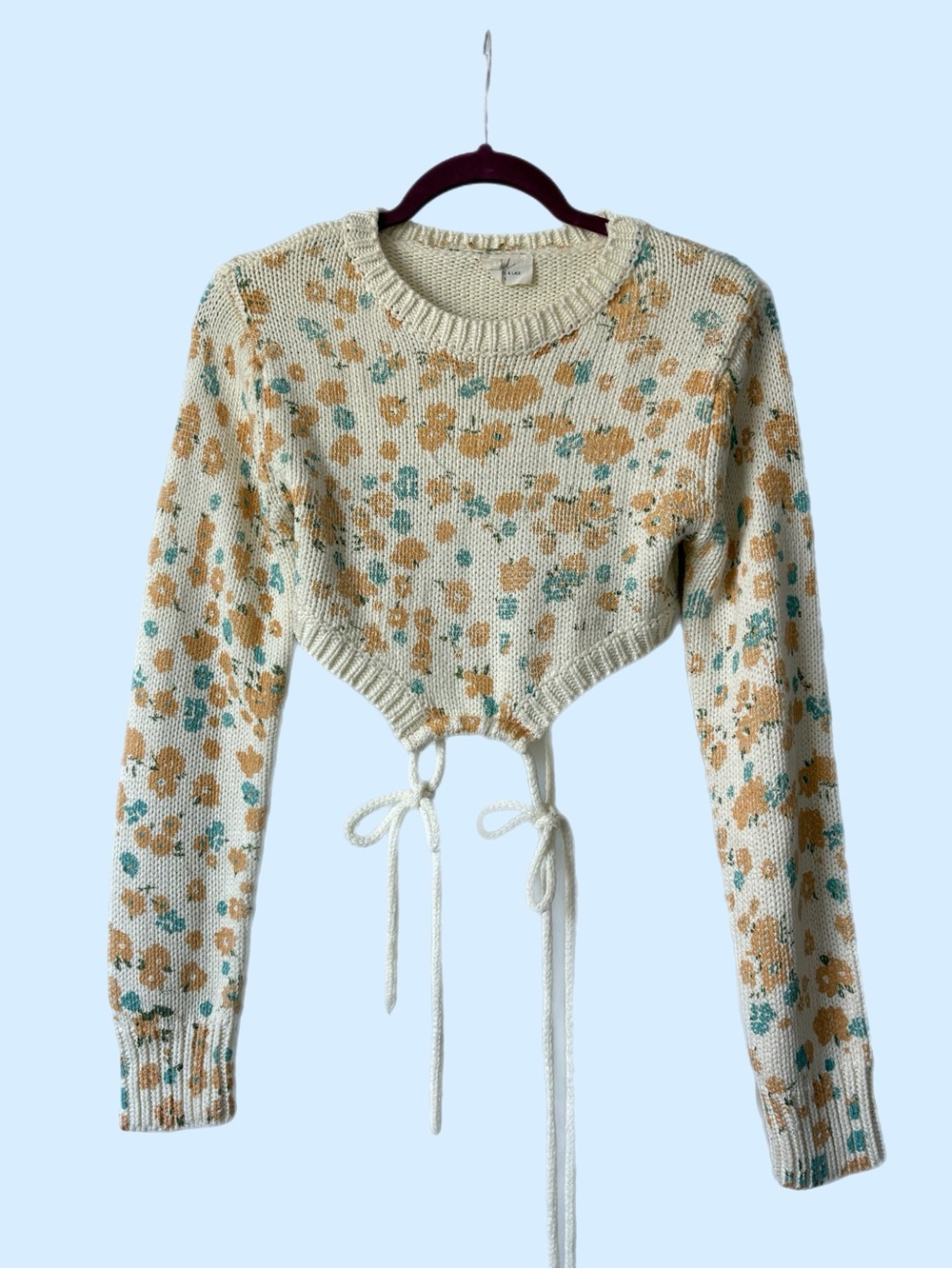 Bobbles & Lace Cropped Floral Tie-Front Sweater - Cream, Mustard & Teal